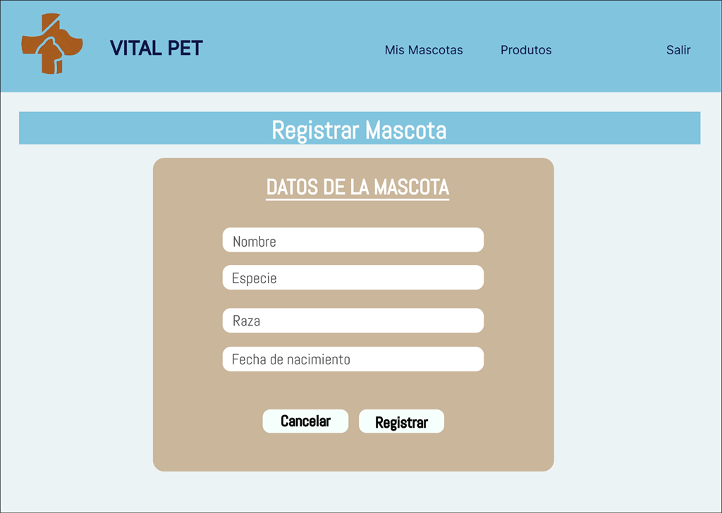 Pantalla de registro de mascotas de VitalPet, con especie, raza y fecha de nacimiento